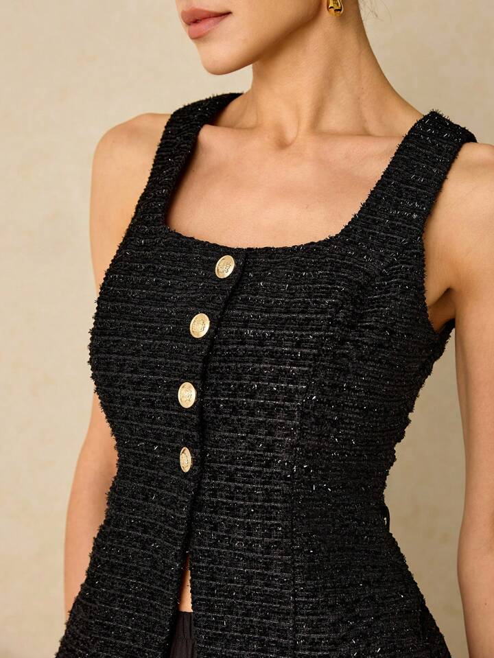 CM-SS552264 Women Elegant Seoul Style Single-Breasted Square Neck Vest With Pleated Midi Skirt - Set