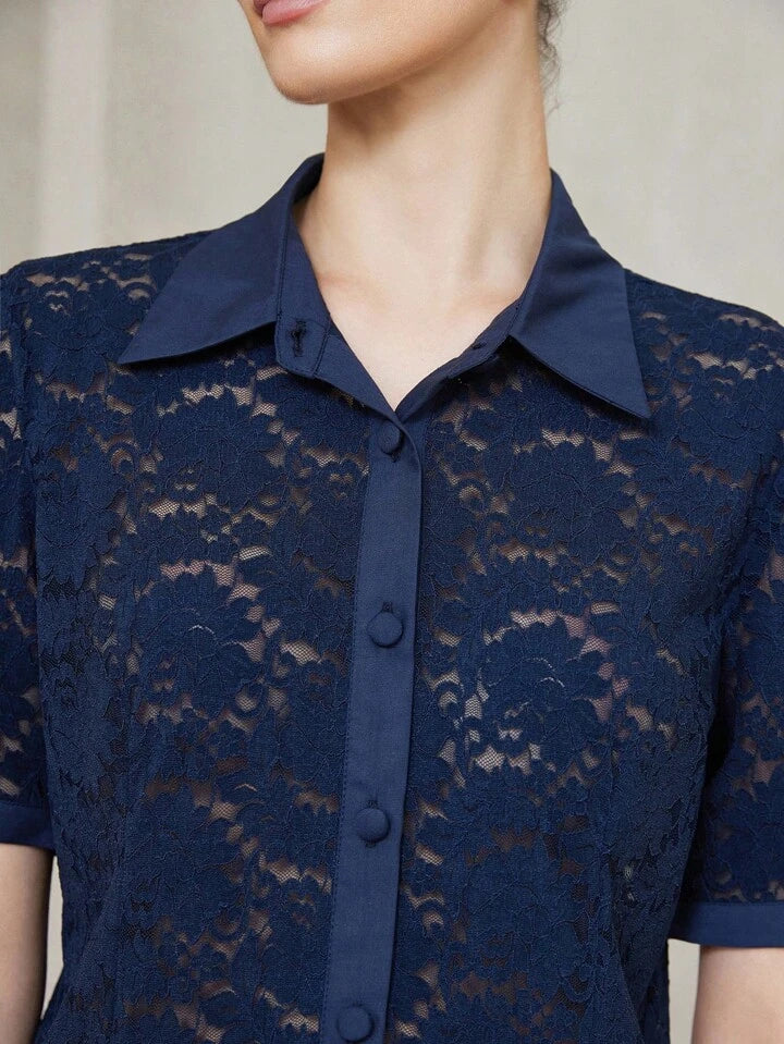CM-TS471015 Women Elegant Seoul Style Shirt Collar Neckline Short Sleeve Lace Blouse - Navy Blue
