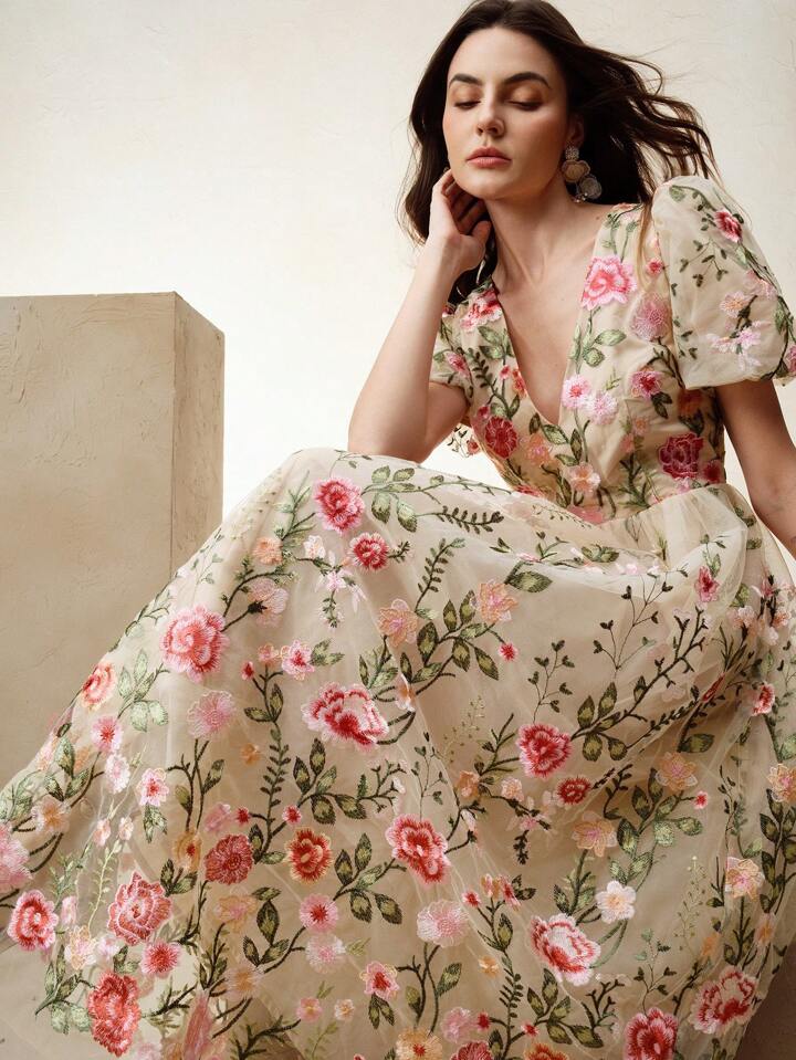 CM-DS791018 Women Elegant Seoul Style Embroidered Floral V-Neck Puff Sleeve A-Line Midi Dress - Baby Pink