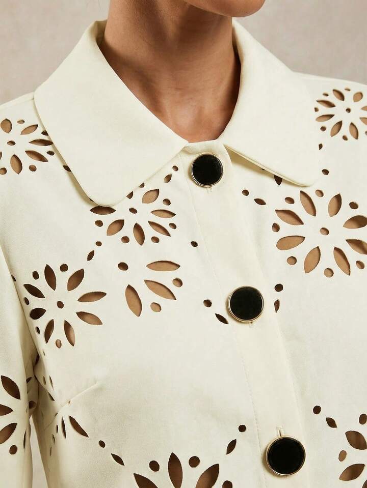 CM-SS089796 Women Elegant Seoul Style Laser Cut Long Sleeve Single-Breasted Blouse With Loose Shorts - Set