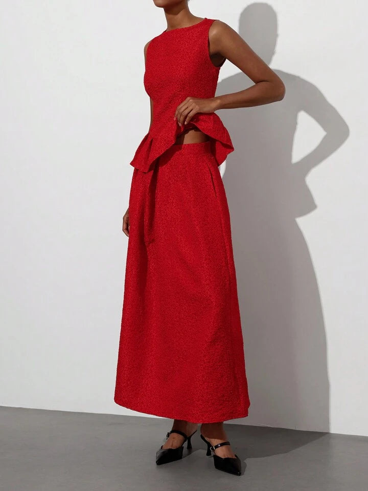 CM-SS678805 Women Elegant Seoul Style Sleeveless Jacquard Top With Layered Waist Detail Extra Long Skirt - Set