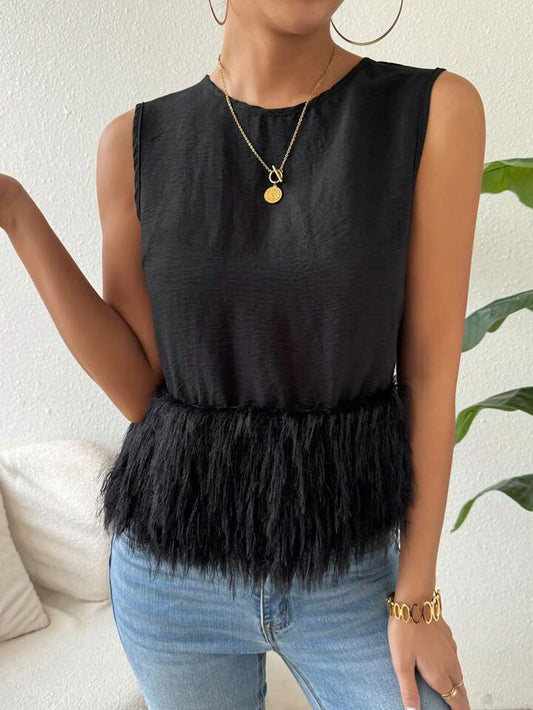 CM-TS005116 Women Casual Seoul Style Round Neck Sleeveless Loose Furry Hem Blouse- Black