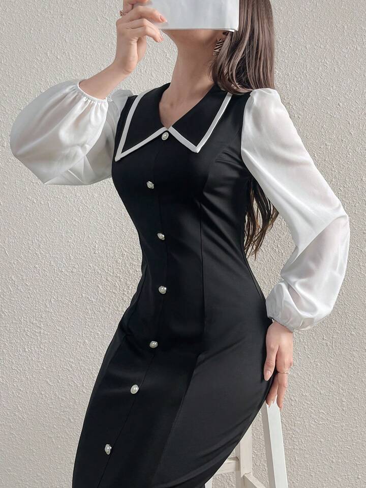 CM-DS666143 Women Elegant Seoul Style Lapel Collar Colorblock Cinched Waist Pencil Dress