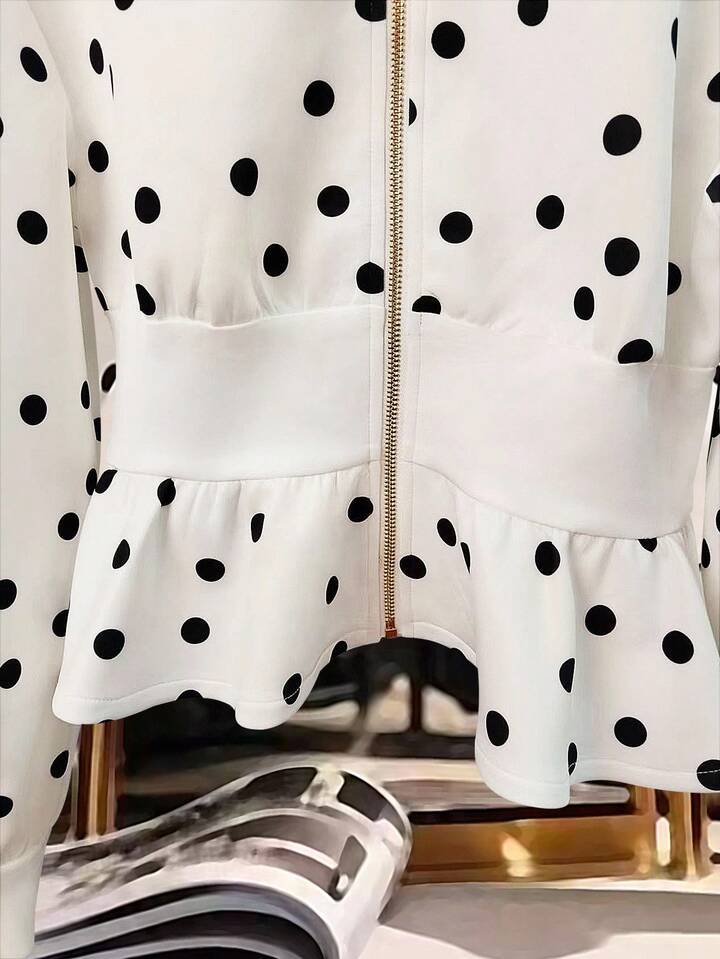 CM-CS807603 Women Elegant Seoul Style Funnel Neckline Long Sleeve Polka Dot Ruffle Hem Knitted Coat