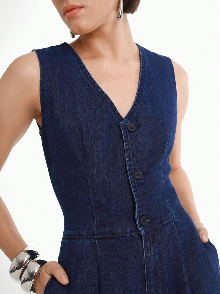 CM-JS313109 Women Casual Seoul Style Dark Wash V-Neck Sleeveless Pocketed Pleated Extra Long Denim Jumpsuit