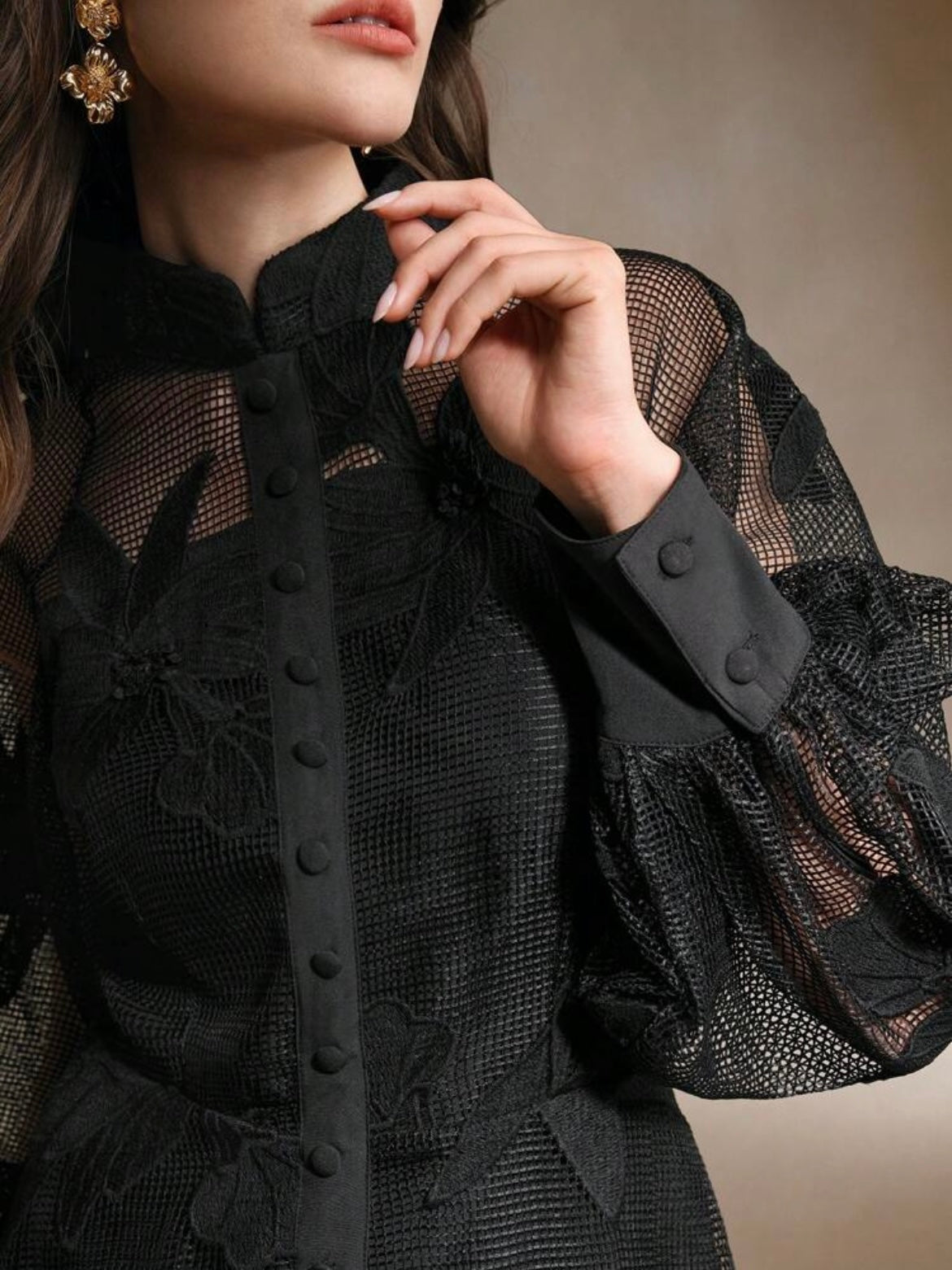 CM-DS524415 Women Elegant Seoul Style Collar Neckline Lace Cinched Waist Lantern Sleeve Dress - Black