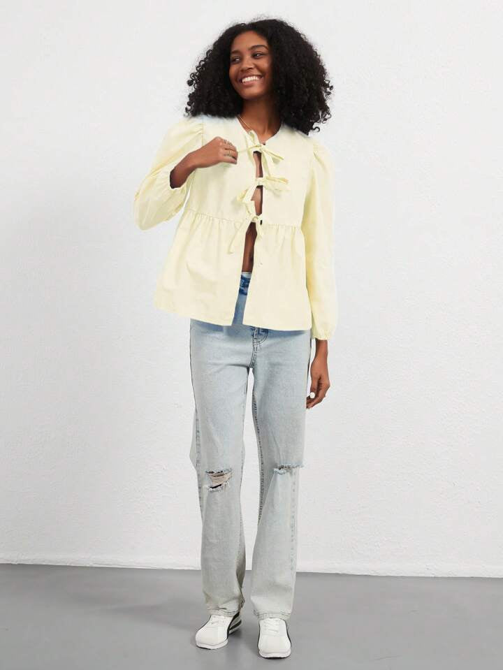 CM-TS481897 Women Casual Seoul Style Print Ruffle Hem Tie Long Sleeve Shirt - Yellow
