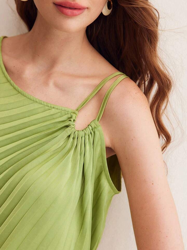 CM-TS900732 Women Casual Seoul Style Asymmetrical Shoulder Pleated Sleeveless Blouse - Green