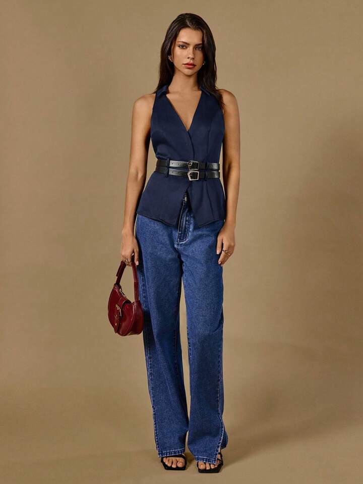 CM-TS215388 Women Casual Seoul Style Solid Color V-Neck Belted Sleeveless Blouse - Navy Blue