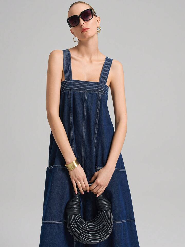 CM-DS471843 Women Casual Seoul Style Dark Wash Thick Strap Backless Loose Denim Dress