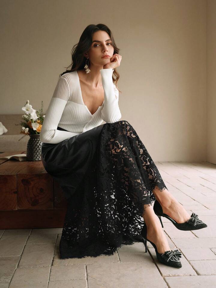 CM-BS697196 Women Elegant Seoul Style Lace Splicing PU Leather Mid-Length A-Line Skirt - Black