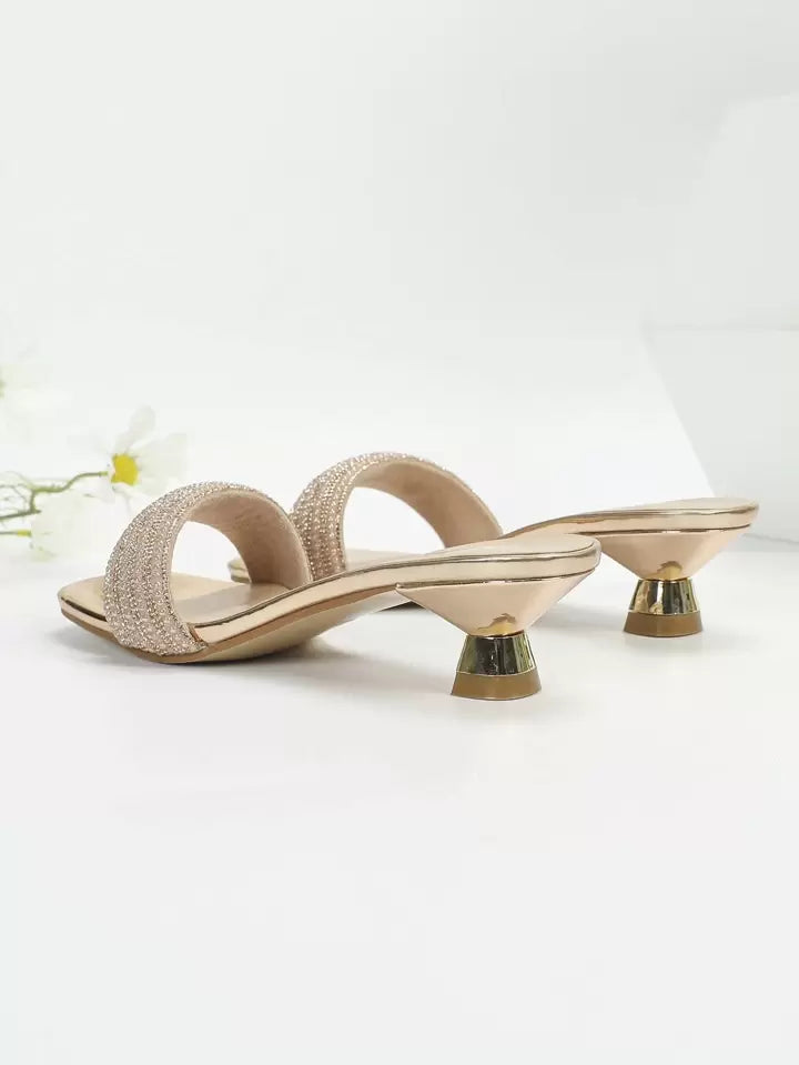 CM-SHS624904 Women Trendy Seoul Style Rhinestone Decor Sculptural Heeled Open Toe Mule Sandals - Champagne