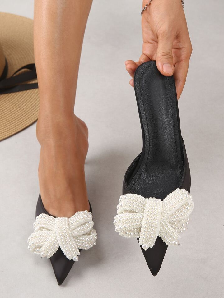 CM-SHS552270 Women Trendy Seoul Style Faux Pearl Bow Decor Point Toe Stiletto Heel Mule Pumps - Black