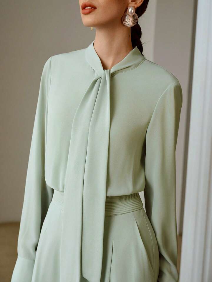 CM-JS504080 Women Elegant Seoul Style Ribbon Collar Rhinestone Buttons Chiffon Long Sleeve Jumpsuit - Mint Green