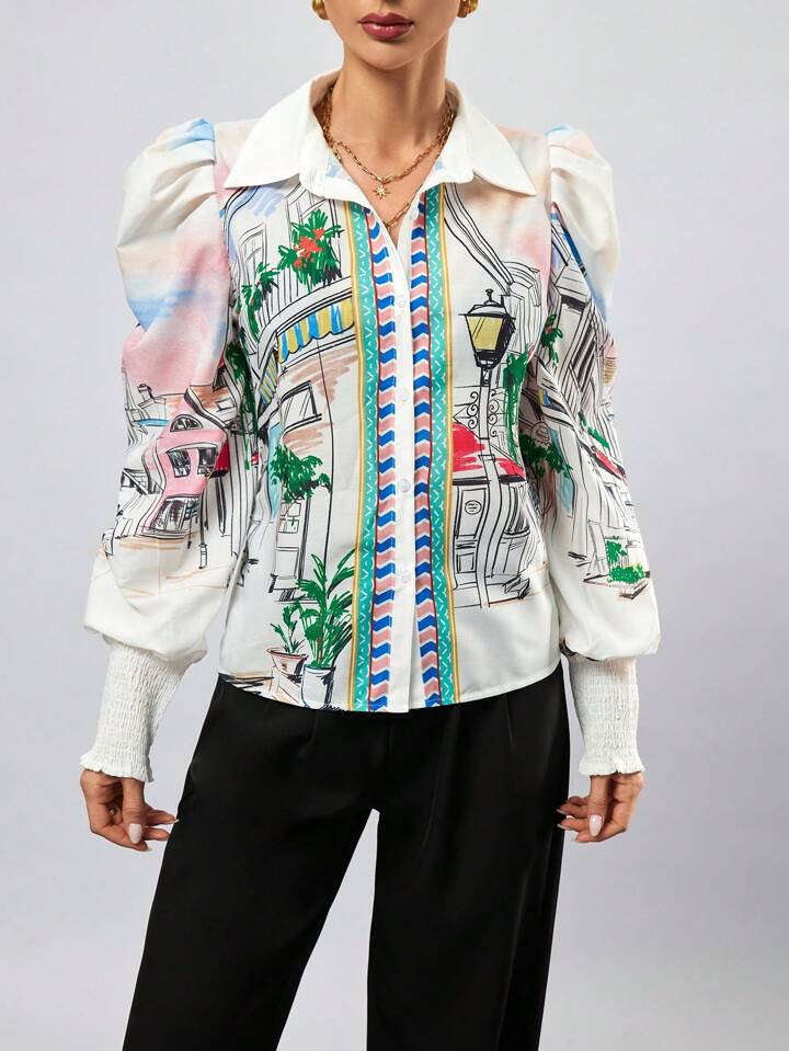 CM-TS810343 Women Casual Seoul Style Painting Print Button Down Long Sleeve Shirt