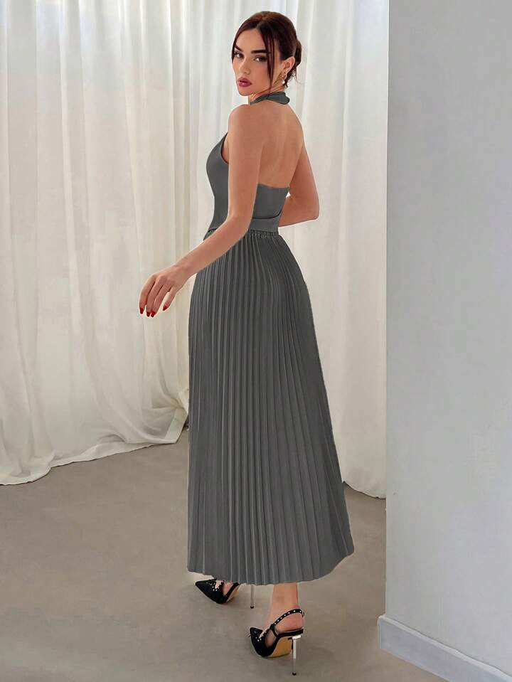 CM-SS833775 Women Elegant Seoul Style Halter Neck Single Breasted Vest With Pleated Skirt - Set