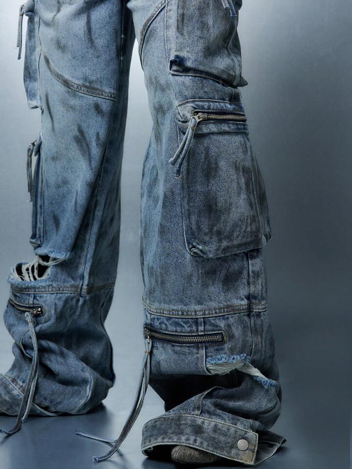 CM-BS206104 Women Casual Seoul Style Zipper Fly Baggy Cargo Denim Jeans - Blue