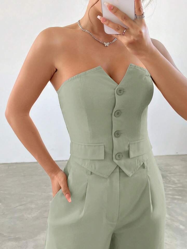 CM-SS919346 Women Elegant Seoul Style Single-Breasted Bustier With Asymmetrical Hem Pleated Pants - Set