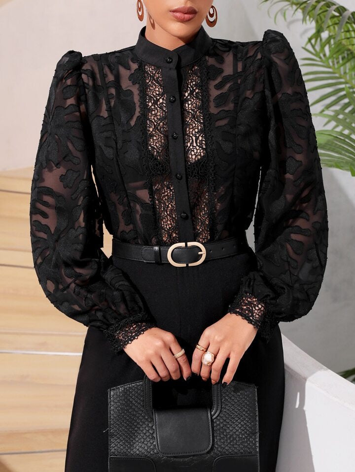 CM-TS622230 Women Elegant Seoul Style Contrast Lace Lantern Sleeve Mock Neck Shirt - Black