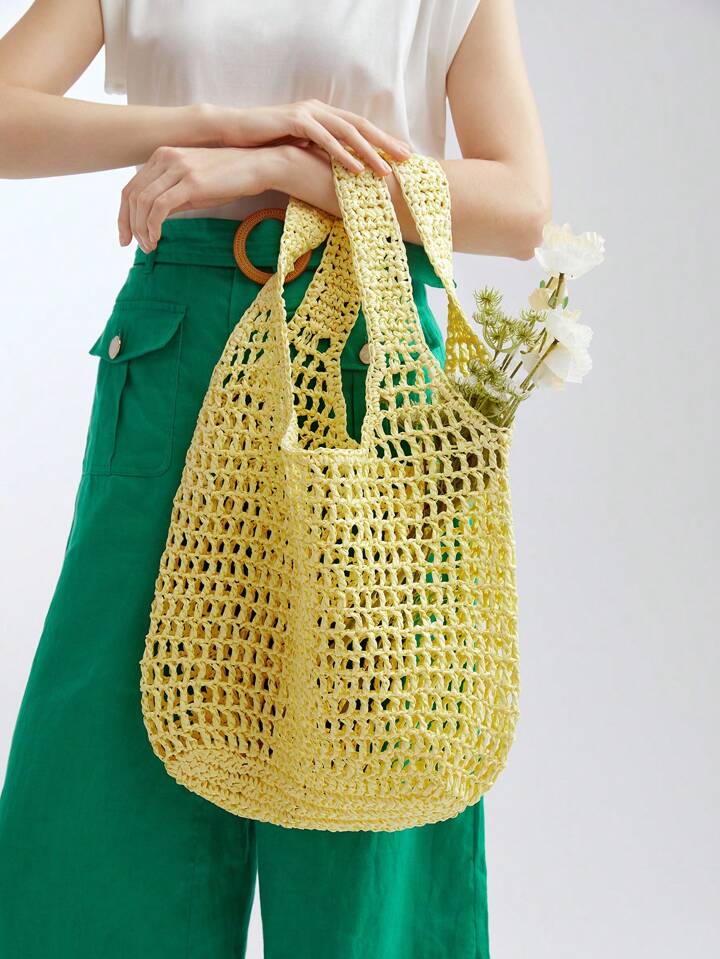 CM-BGS007705 Women Trendy Seoul Style Oversized Straw Tote Bag - Yellow