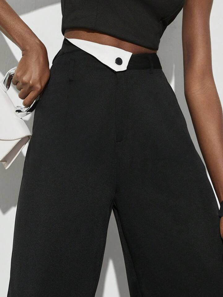 CM-BS867676 Women Elegant Seoul Style Colorblock Asymmetrical High Waist Pants - Black