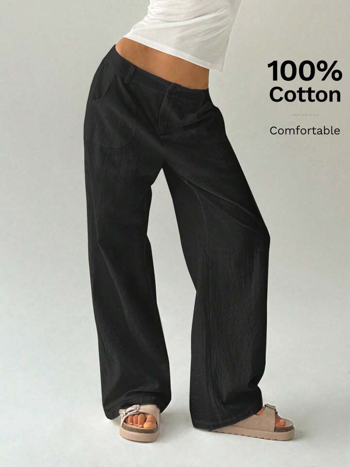 CM-BS700810 Women Casual Seoul Style Solid Color Low Waist Loose Straight Leg Pants - Black