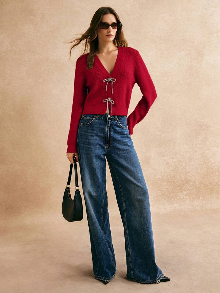 CM-CS475166 Women Casual Seoul Style Solid Color Bow Decor Long Sleeve Knit Cardigan - Red