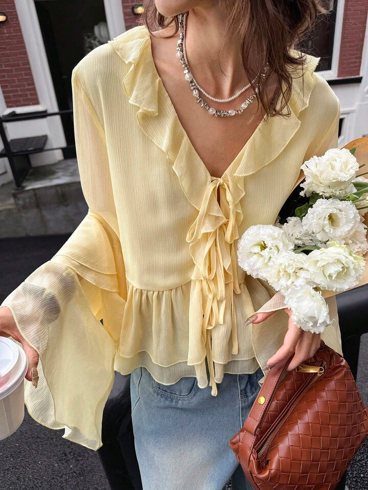 CM-TS635642 Women Elegant Seoul Style Ruffle Stitching Details V-Neck Long Sleeve Low Waist Shirt