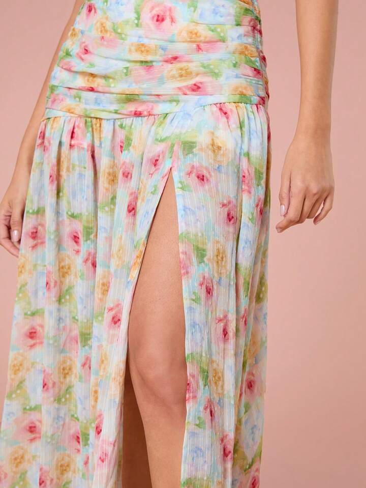 CM-BS719693 Women Trendy Bohemian Style Floral Allover Print High Slit Loose Skirt
