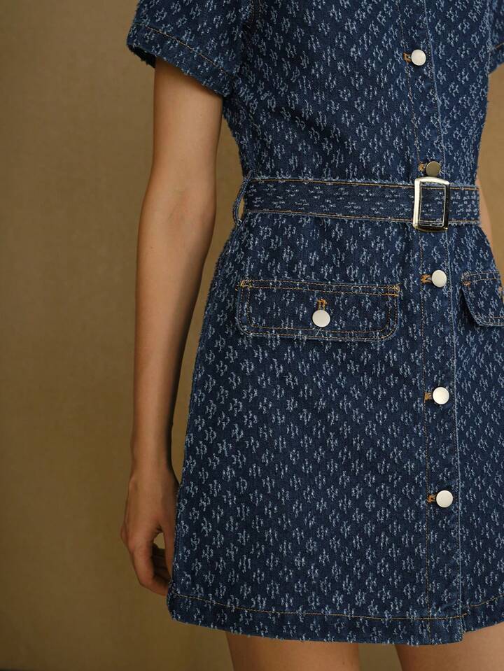 CM-DS258420 Women Casual Seoul Style Square Neck Flap Detail Buckle Belted Swiss Dot Denim Dress