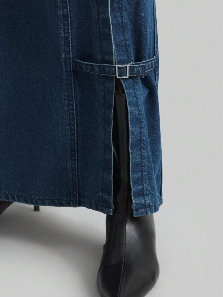 CM-BS254119 Women Casual Seoul Style Mid-Length A-Line Denim Skirt - Blue