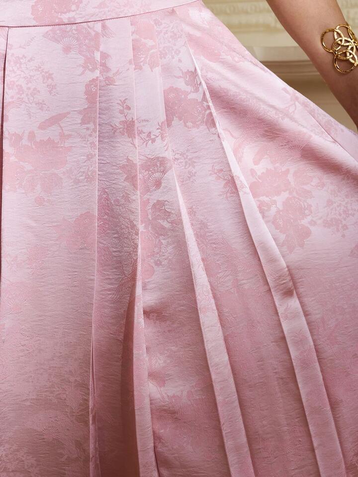CM-BS810216 Women Elegant Seoul Style High Waist Satin Floral Texture Fabric Pleated A-Line Midi Skirt - Pink