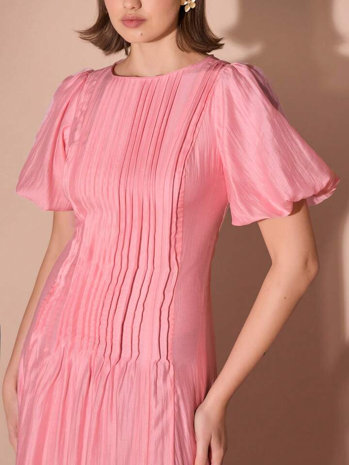 CM-DS173261 Women Elegant Seoul Style Round Neck Bubble Pleat Puff Long Sleeve Maxi Dress - Pink