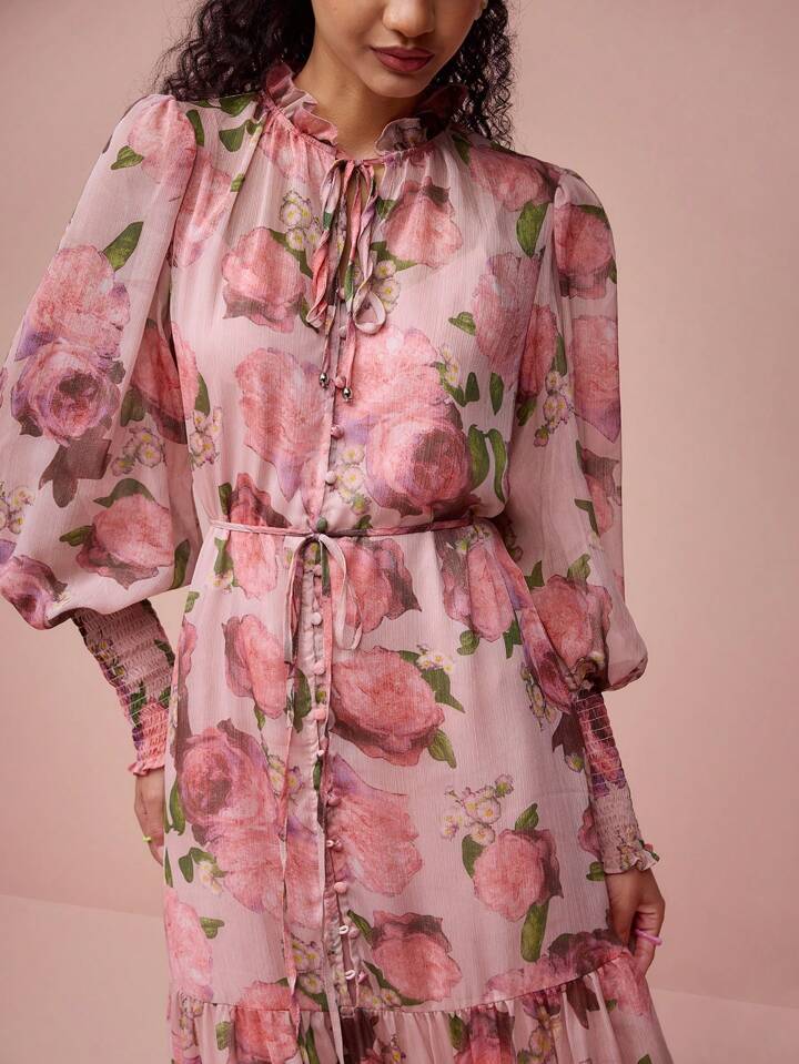 CM-DS308871 Women Elegant Seoul Style Floral Print Tie Neck Multi-Layered Ruffled Hem Cuffs Dress