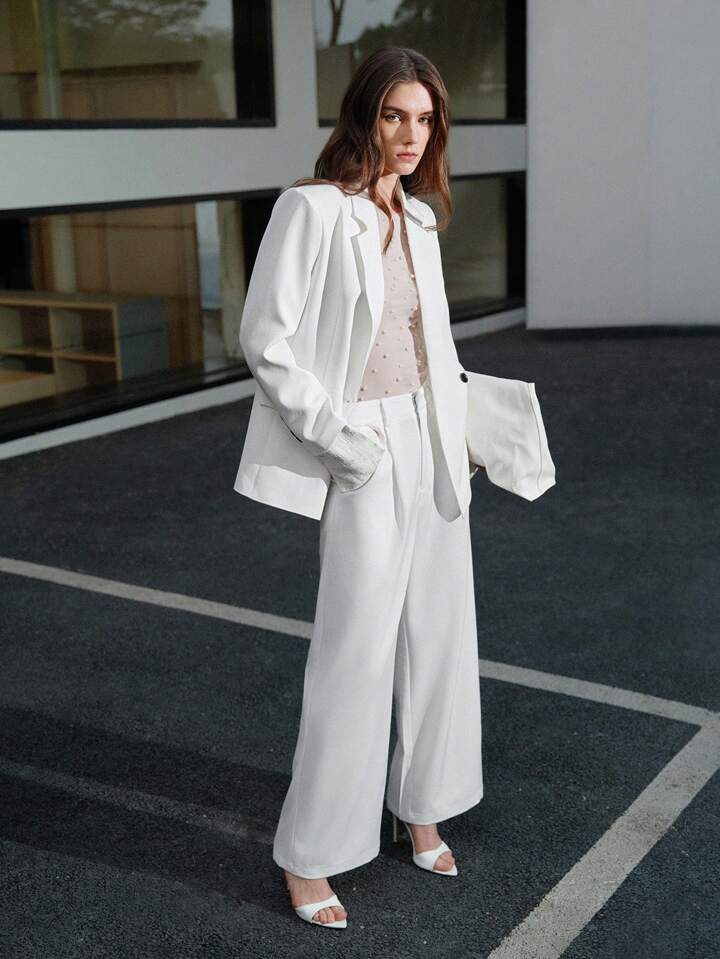 CM-SS644664 Women Elegant Seoul Style Lapel Neckline Jacquard Cuff Blazer Jacket With Wide Leg Pants - Set