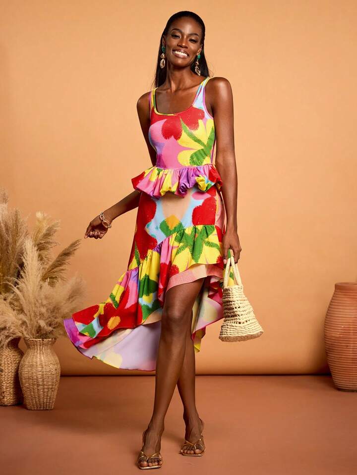 CM-BS142824 Women Trendy Bohemian Style High Waist Floral Print Asymmetric Ruffle Hem Skirt