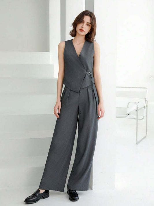 CM-SS221120 Women Elegant Seoul Style Sleeveless Vest With Pleated Straight-Leg Pants Suit - Gray