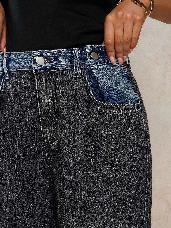 CM-BS870220 Women Casual Seoul Style Mid Waist Contrast Color Pocket Loose Straight Leg Jeans - Dark Gray