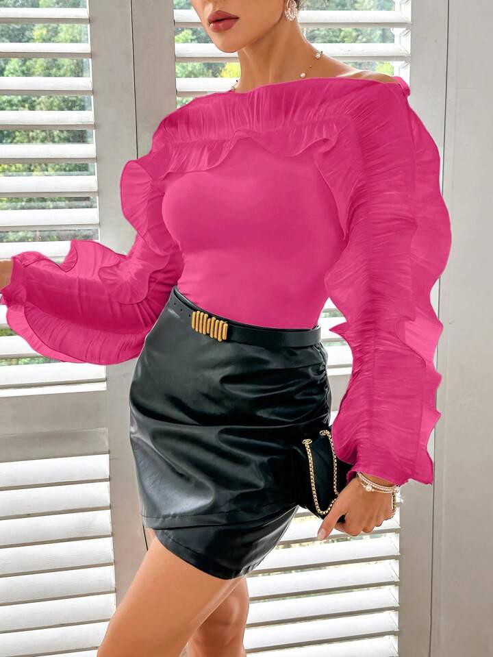 CM-TS575879 Women Casual Seoul Style Boat Neck Off the Shoulder Ruffle Hem Top - Hot Pink