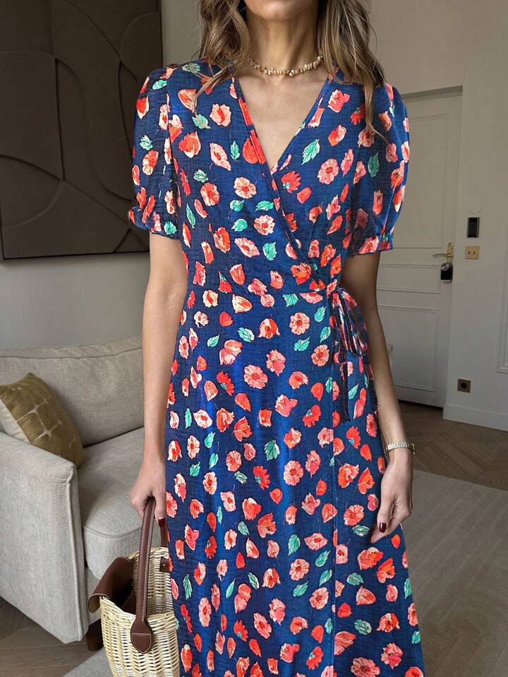 CM-DS041144 Women Trendy Bohemian Style V-Neck Puff Sleeve High Waist Floral Wrap Dress