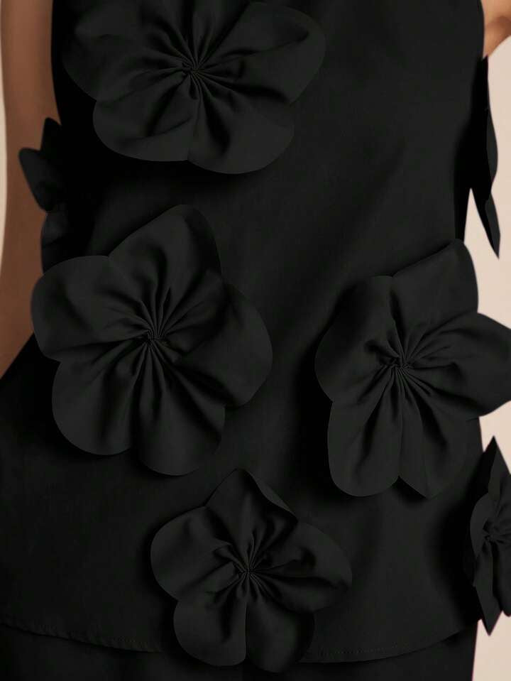 CM-SS373252 Women Elegant Seoul Style Stand Colllar Sleeveless 3D Floral Decor Top With Wide Leg Pants - Set