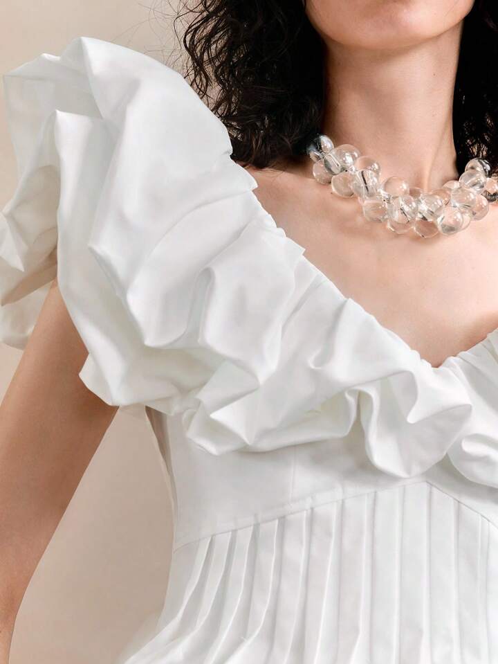 CM-TS573713 Women Elegant Seoul Style Wide V-Neck Puff Neck Pleated Cinched Waist Asymmetrical Blouse - White
