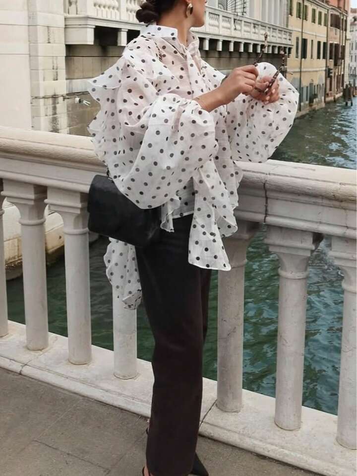 CM-TS430684 Women Casual Seoul Style Tie Neck Lantern Sleeve Polka Dot Semi-Sheer Ruffle Details Blouse - White