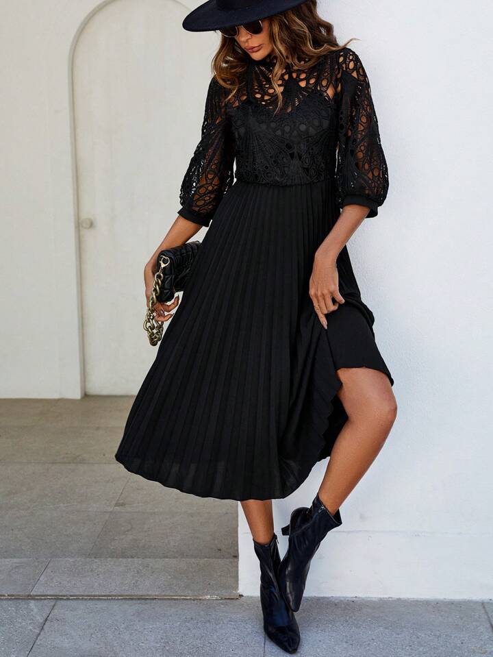 CM-DS634518 Women Trendy Bohemian Style Patchwork Corded Lace Pleated Hem Dress - Black