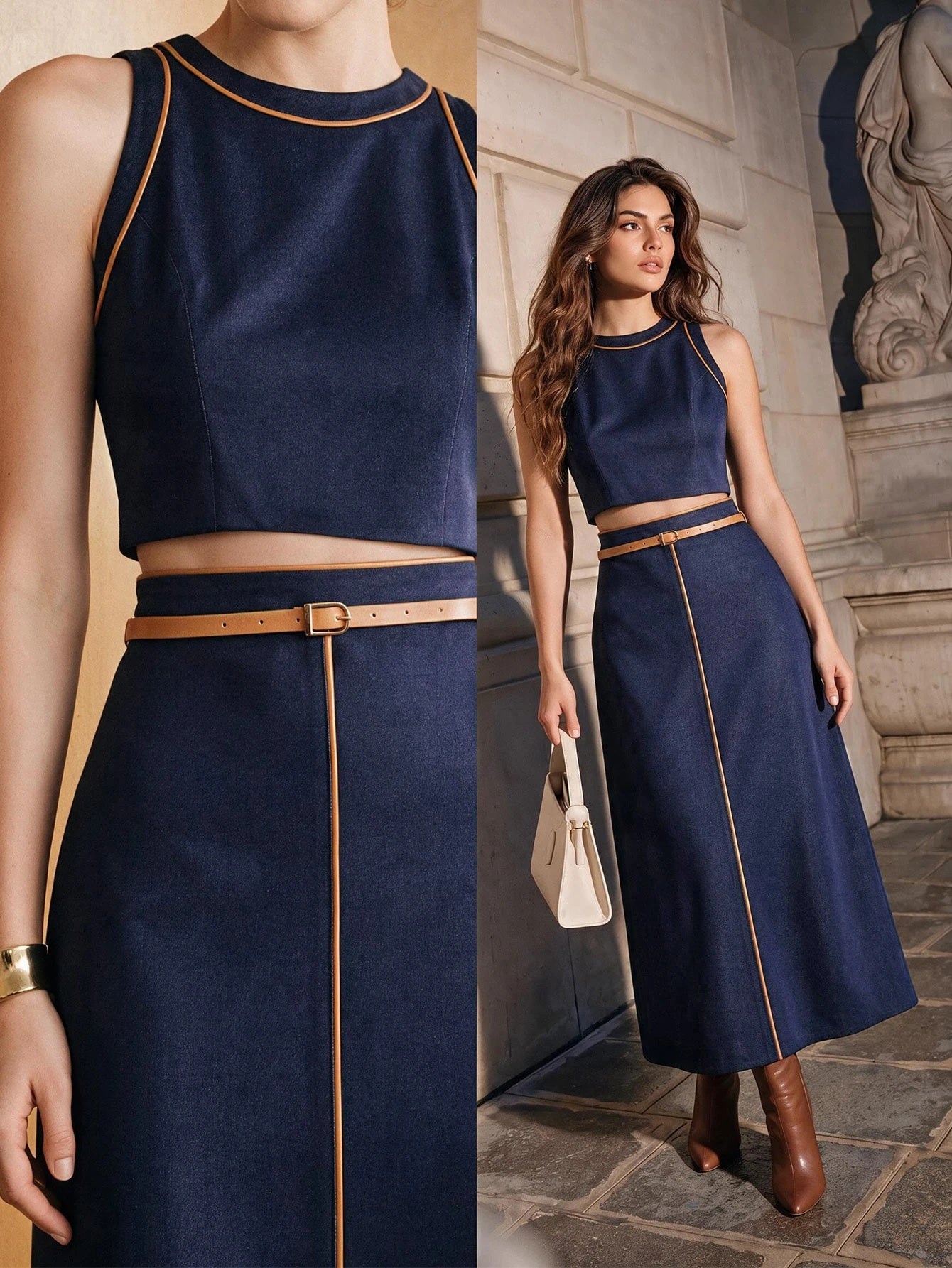 CM-SS055914 Women Elegant Seoul Style Round Neck Sleeveless Cropped Top With Contrast Color Leather Trim Waist-Cinching Skirt - Set