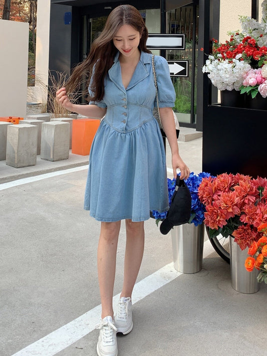 CM-DS727770 Women Casual Seoul Style Lapel Collar Puff Sleeve Button Front Shirt Denim Dress