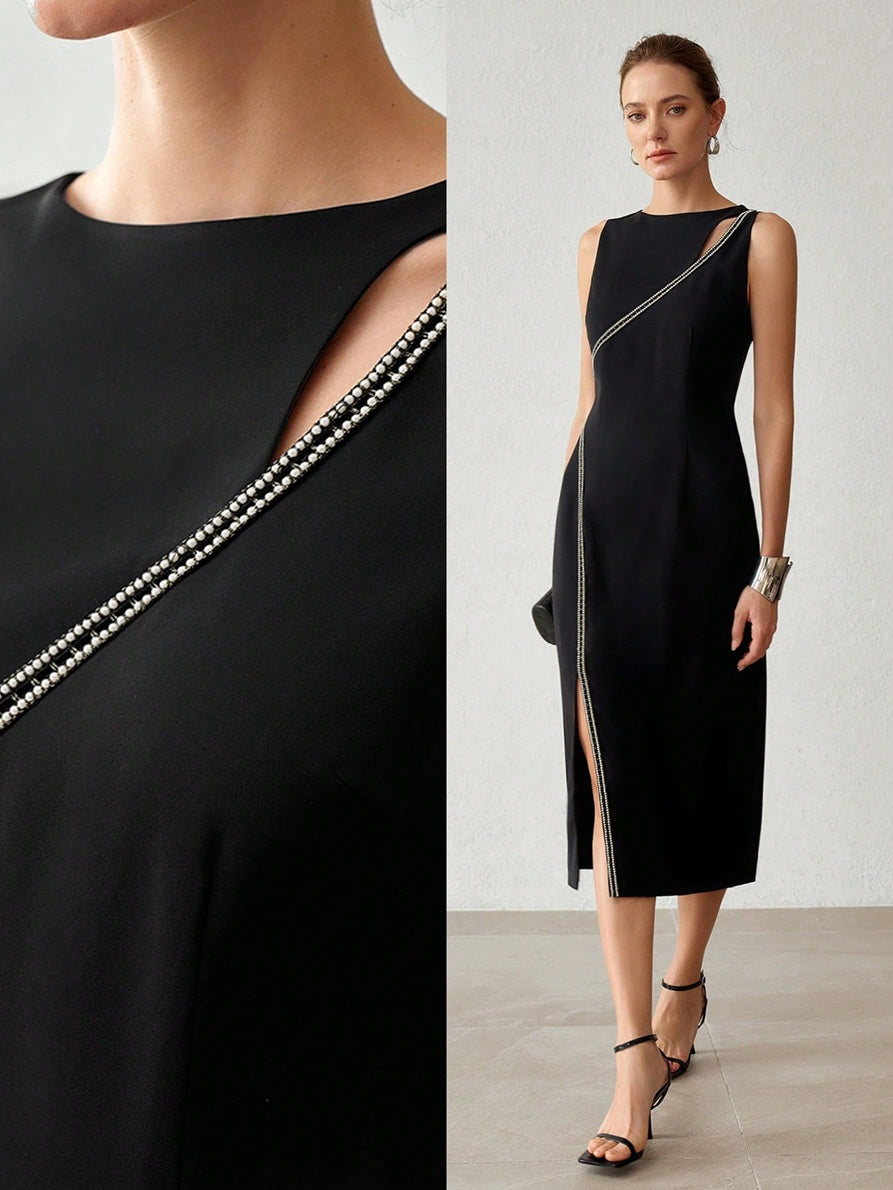 CM-DS026972 Women Elegant Seoul Style Round Neck Sleeveless Faux Pearl Decor Hollow Out High Slit Hem Dress - Black
