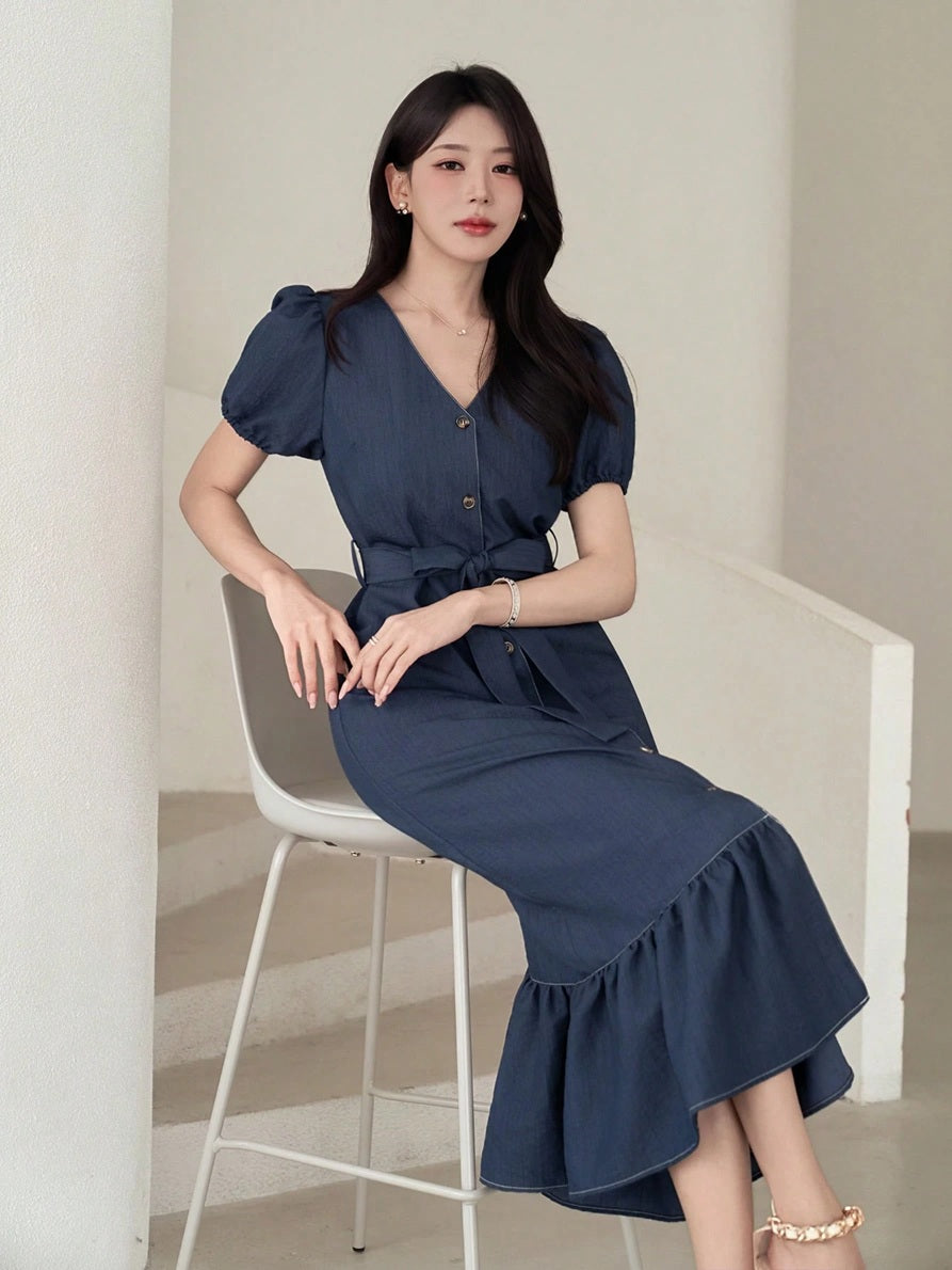 CM-DS294695 Women Casual Seoul Style V-Neck Puff Sleeve Ruffle Hem Cinched Waist Long Dress - Blue