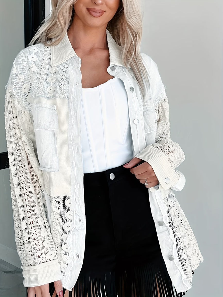 CM-CT904457 Women Casual Seoul Style Lace Patchwork Colorblock Long Sleeve Denim Jacket - White