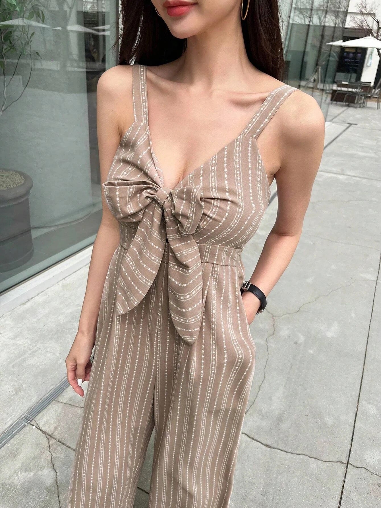 CM-JS427332 Women Trendy Bohemian Style Striped Tie Front Cami Jumpsuit - Khaki